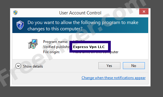 Screenshot where Express Vpn LLC appears as the verified publisher in the UAC dialog